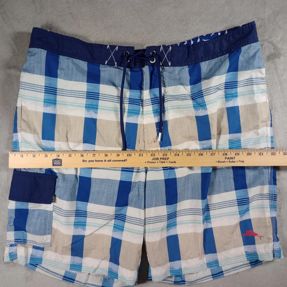 Tommy Bahama Swim Trunks Mens XL Blue Plaid Board Shorts Cargo Pocket Tropical